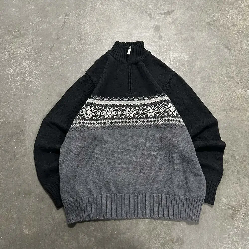 Vintage Eddie Bauer Men's Black Grey Fair Isle 1/4 Quarter Zip Cotton Sweater L